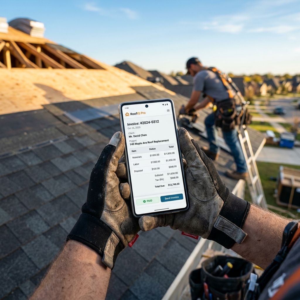 Professional roofer generating an invoice on a smartphone while on a roof